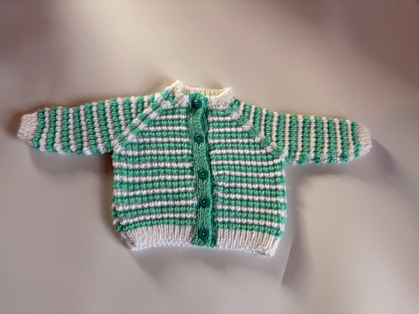 Hand knit cardi best fit 3-6 months (maybe beyond)