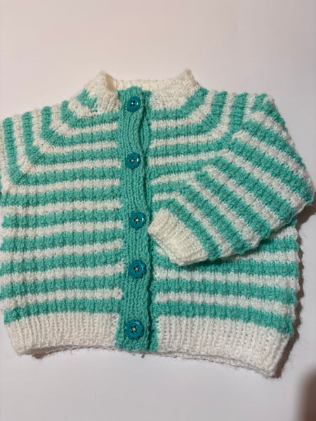 Hand knit cardi best fit 3-6 months (maybe beyond)