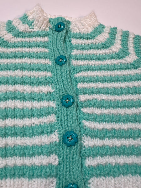 Hand knit cardi best fit 3-6 months (maybe beyond)